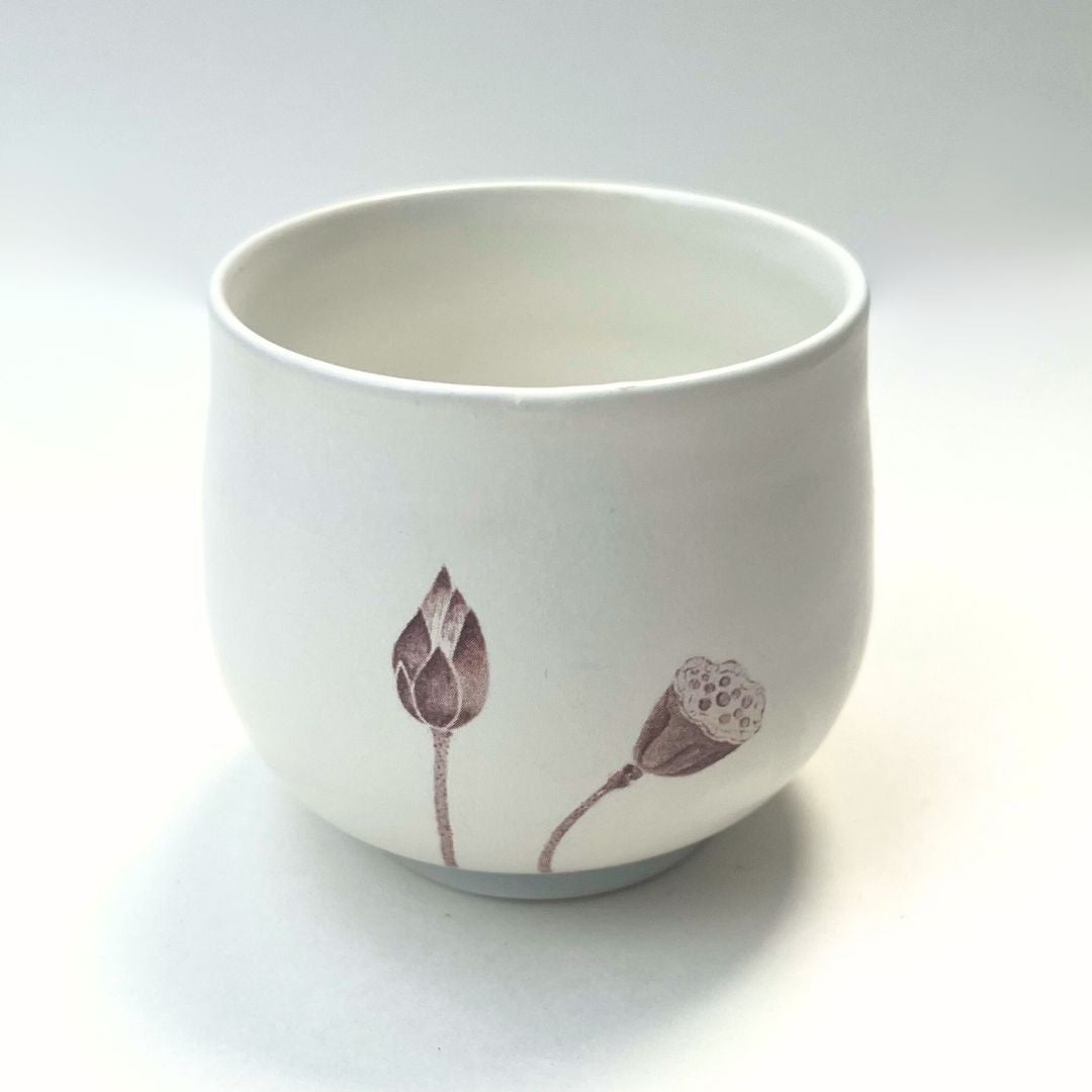 Gongfu Ceremonial Teacups (Iwasaki - lotus bud & seed pod on porcelain)
