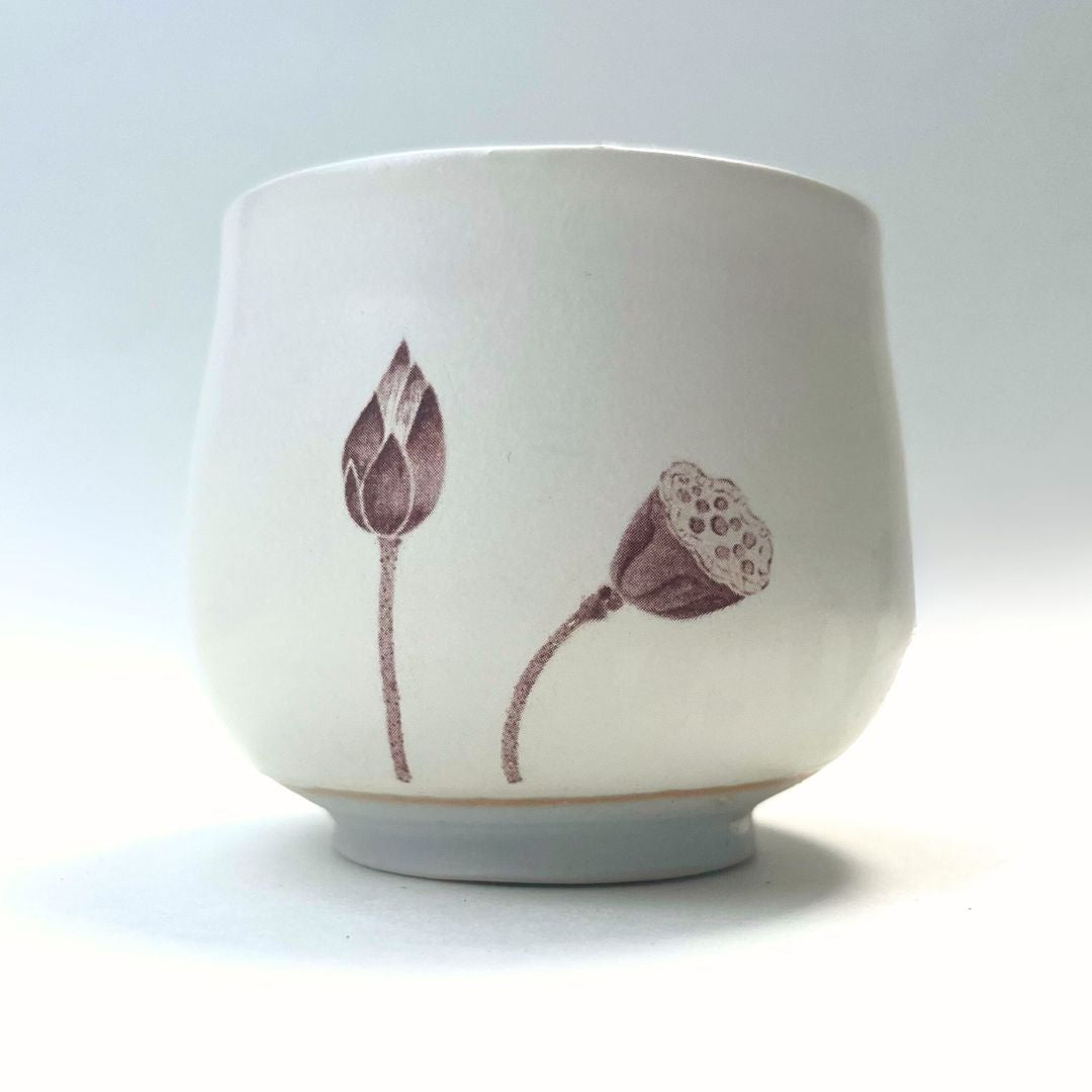 Gongfu Ceremonial Teacups (Iwasaki - lotus bud & seed pod on porcelain)